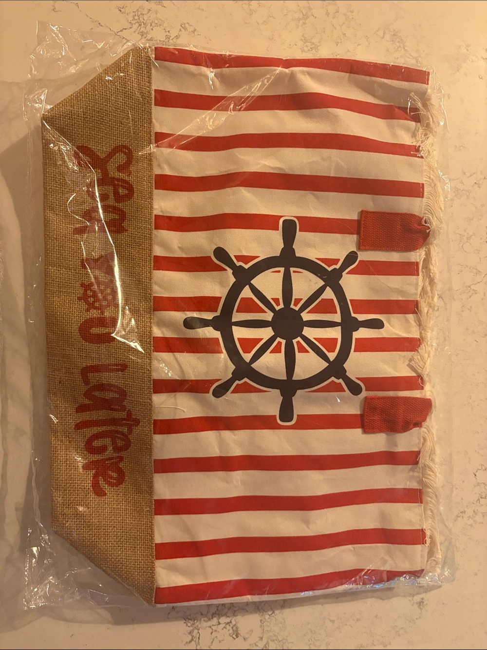 Nautical Striped Tote with Ship Wheel Graphic